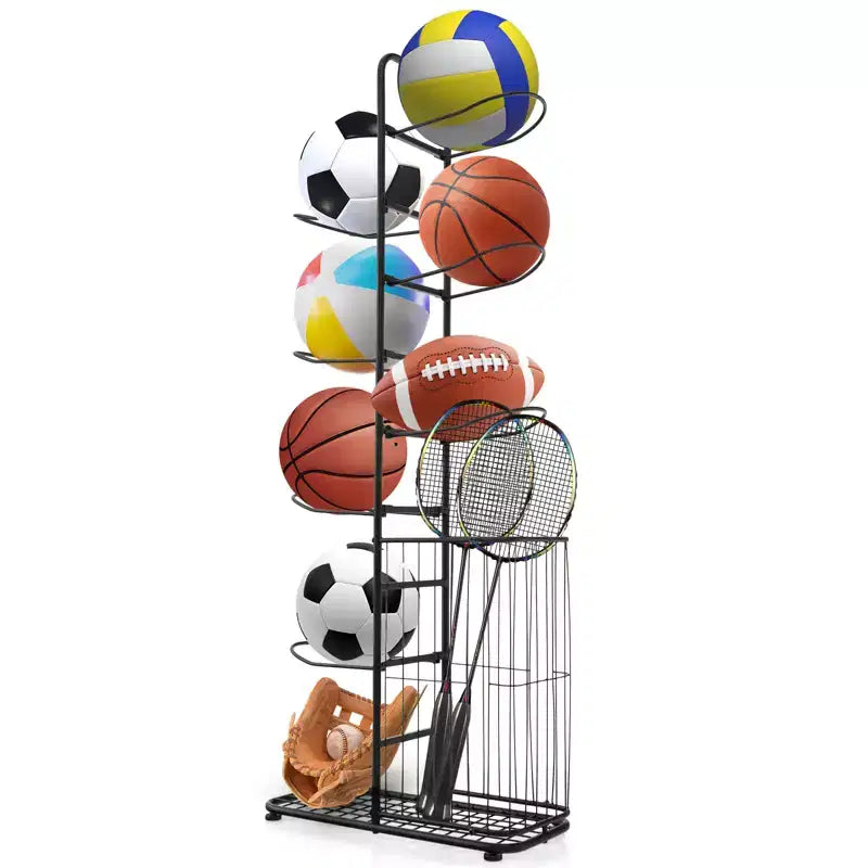 Gymax 7-Tier Ball Organizer Rack Featuring 7 Detachable Hanging Rods Side Basket & Adjustable Feet for Garage Gym Home