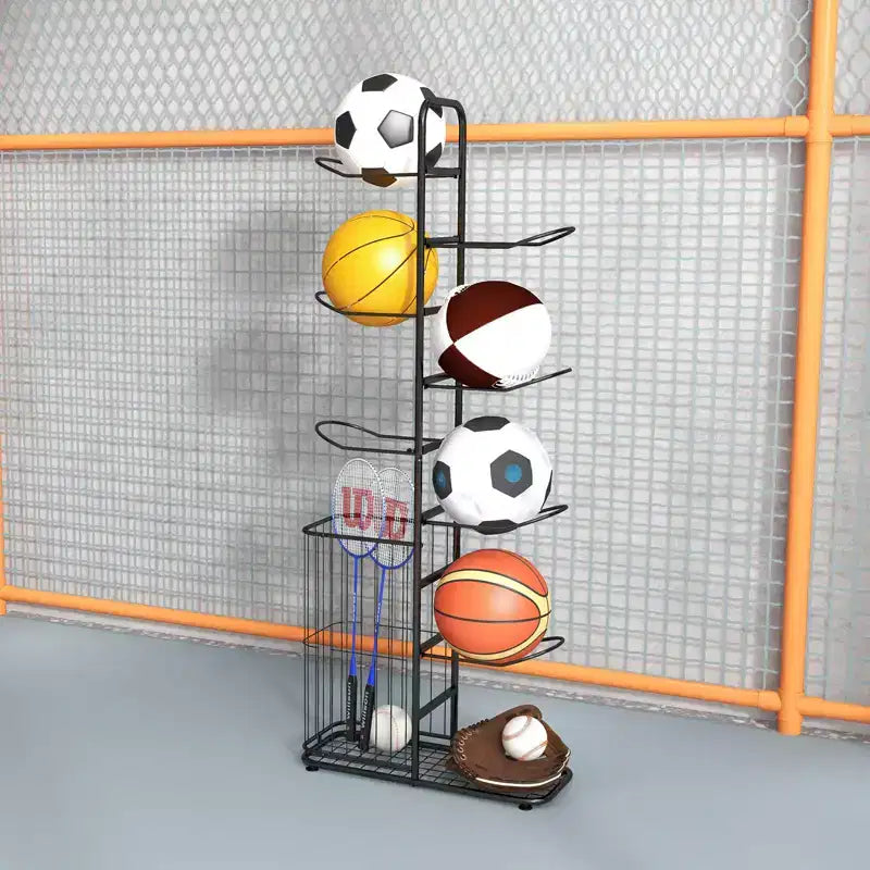 Organizzatore di palloni a 7 livelli con 7 aste appendiabiti rimovibili, cestino laterale e piedini regolabili per garage, palestra, casa