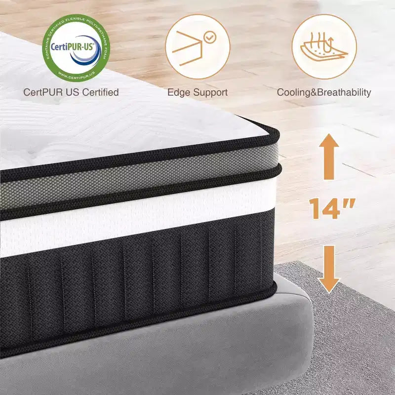 Materasso matrimoniale da 14 pollici, Materasso in Memory Foam, Materasso in scatola, Durezza media, Sollievo dalla pressione a zone, Schiume e tessuto certificati sicuri, Traspirante e rinfrescante