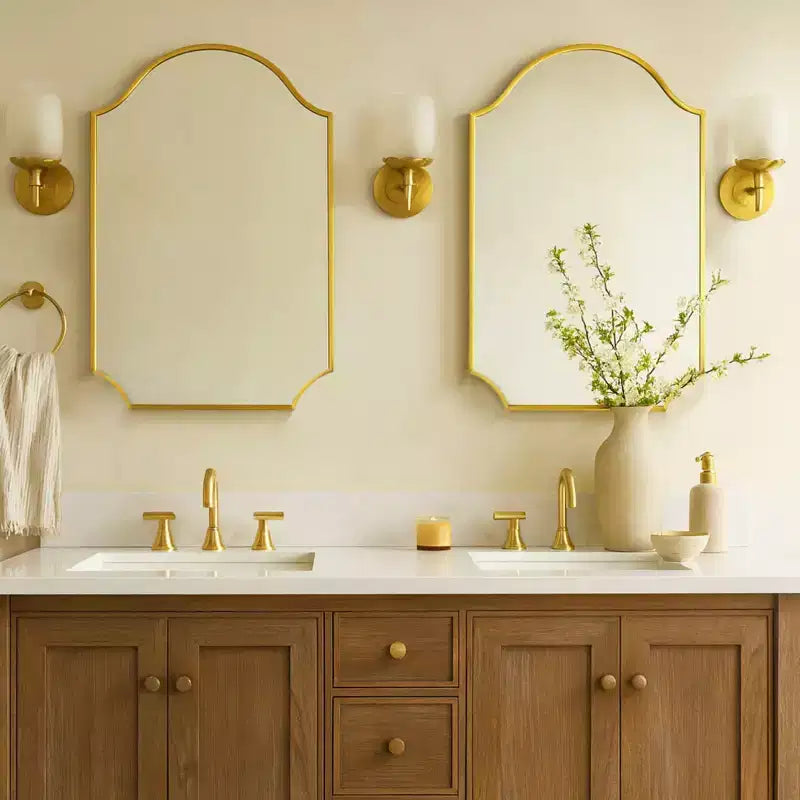 TEHOME Airius Brushed Gold Scalloped Mirror 24x36, Arched Stainless Steel Wall Mirror with Electroplated Finish, for Bathroom Vanity, Living Room