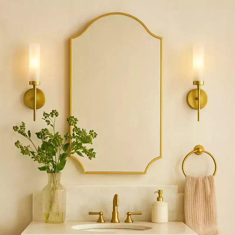 Specchio Airius smerlato oro spazzolato 24x36, specchio da parete ad arco in acciaio inossidabile con finitura galvanizzata, per mobiletto bagno, soggiorno