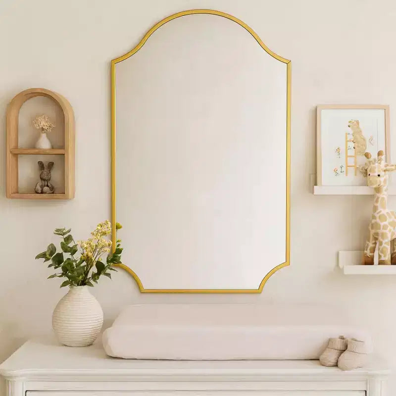 Specchio Airius smerlato oro spazzolato 24x36, specchio da parete ad arco in acciaio inossidabile con finitura galvanizzata, per mobiletto bagno, soggiorno