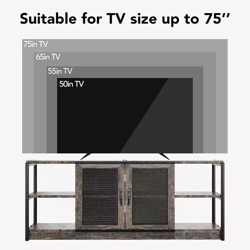 Mobile TV da fattoria per TV da 75 pollici, console multimediale grigia con ante in rete, mensole portaoggetti, mobile per soggiorno