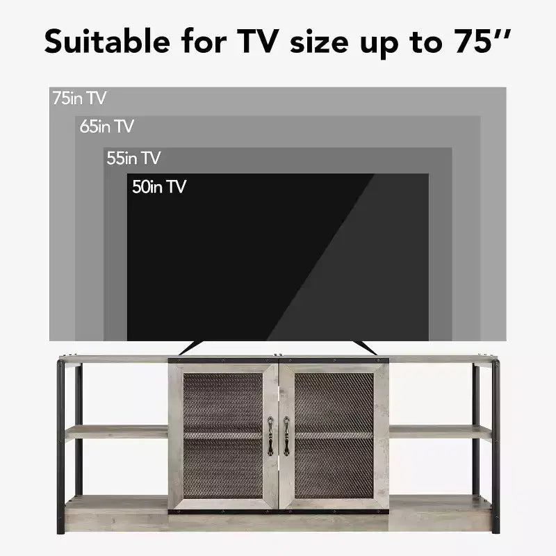 Mobile TV da fattoria per TV da 75 pollici, console multimediale grigia con ante in rete, mensole portaoggetti, mobile per soggiorno