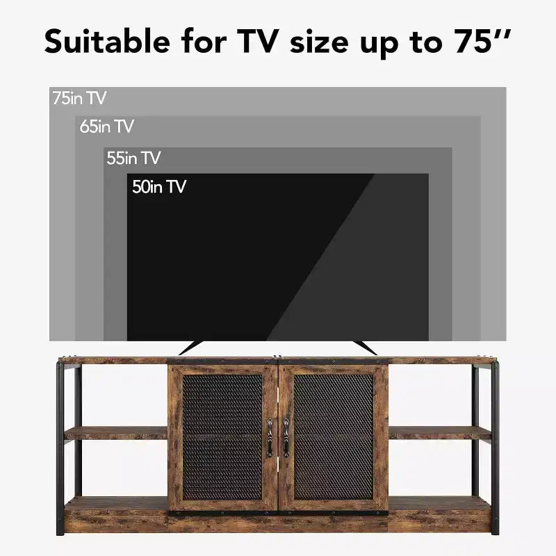 Mobile TV da fattoria per TV da 75 pollici, console multimediale grigia con ante in rete, mensole portaoggetti, mobile per soggiorno