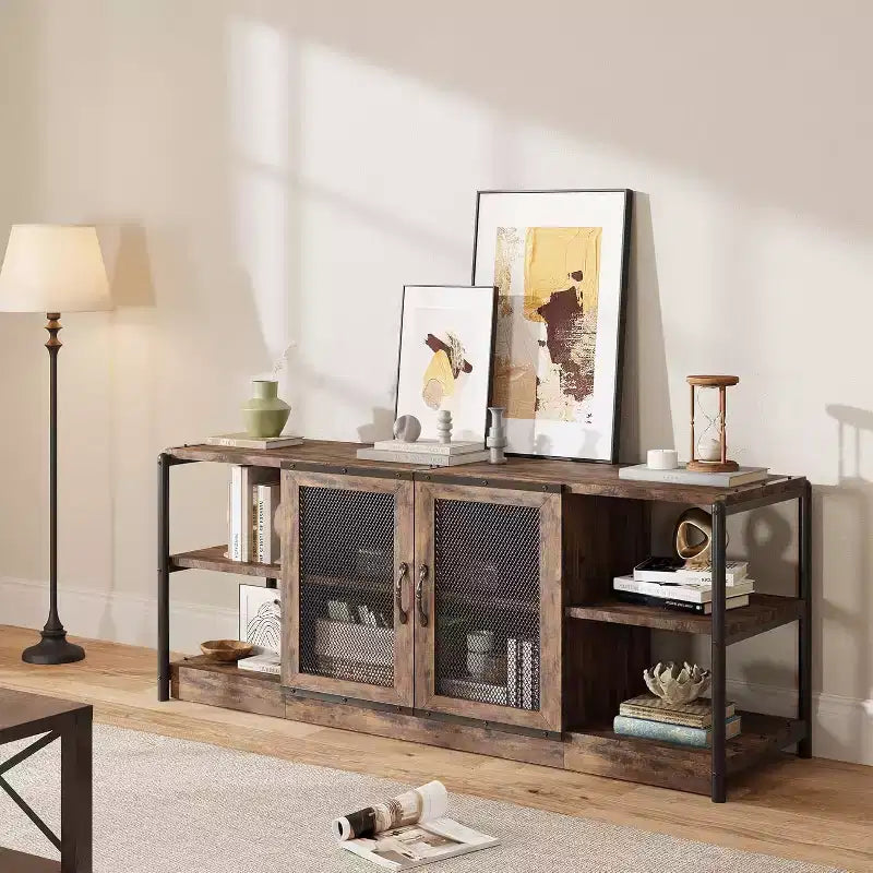 Farmhouse TV Stand for 75 Inch TV Gray Media Console with Mesh Doors Storage Shelves Entertainment Center for Living Room