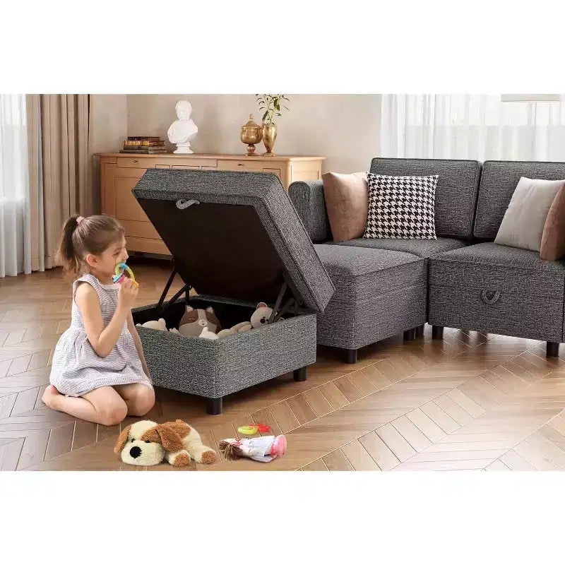 Divano Lounge Sezionale Divano 222 cm Larghezza, Bracciolo + 3 Moduli Centrali, Seduta Profonda 84 cm, Schienale 68 cm, Connettori a Scatto Senza Utensili per Soggiorno, Grigio