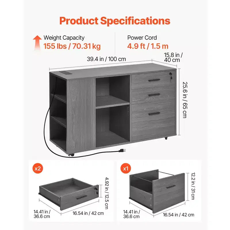 Schedario in legno a 3 cassetti, Armadietto portadocumenti mobile con ciabatta elettrica, Archivio mobiletto con ruote bloccabili e ripiani regolabili e 5 ruote, Grigio
