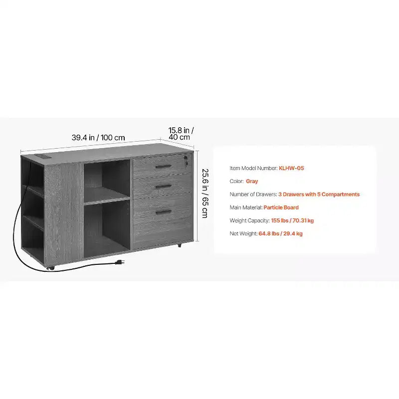 Schedario in legno a 3 cassetti, Armadietto portadocumenti mobile con ciabatta elettrica, Archivio mobiletto con ruote bloccabili e ripiani regolabili e 5 ruote, Grigio