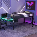 Bellemave Twin Gaming Loft Bed with Desk & LED Lights, Black Metal Mid Loft Bed with Storage for Kids Teens, eSports-Inspired Design