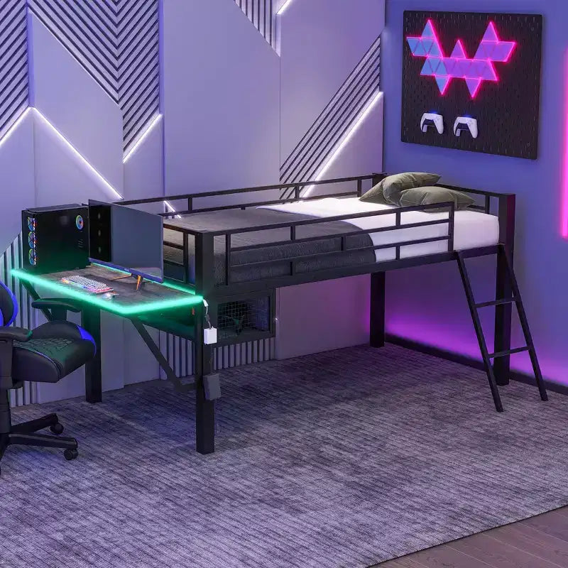 Bellemave Twin Gaming Loft Bed with Desk & LED Lights, Black Metal Mid Loft Bed with Storage for Kids Teens, eSports-Inspired Design