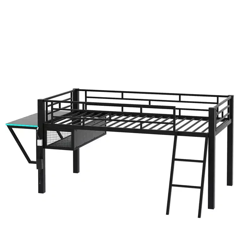 Letto a Soppalco Twin Gaming con Scrivania e Luci LED, Letto a Soppalco Centrale in Metallo Nero con Contenitore per Bambini e Ragazzi, Design Ispirato agli eSport