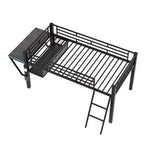 Letto a Soppalco Twin Gaming con Scrivania e Luci LED, Letto a Soppalco Centrale in Metallo Nero con Contenitore per Bambini e Ragazzi, Design Ispirato agli eSport