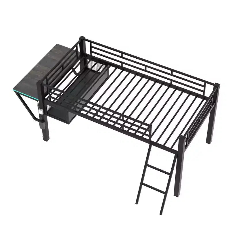 Letto a Soppalco Twin Gaming con Scrivania e Luci LED, Letto a Soppalco Centrale in Metallo Nero con Contenitore per Bambini e Ragazzi, Design Ispirato agli eSport