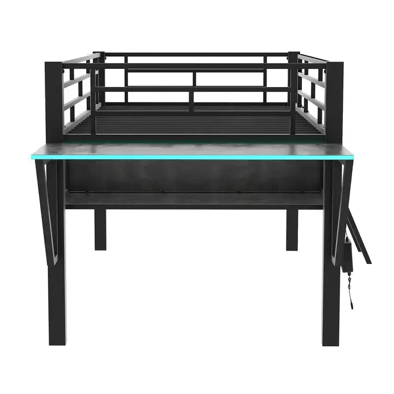 Letto a Soppalco Twin Gaming con Scrivania e Luci LED, Letto a Soppalco Centrale in Metallo Nero con Contenitore per Bambini e Ragazzi, Design Ispirato agli eSport