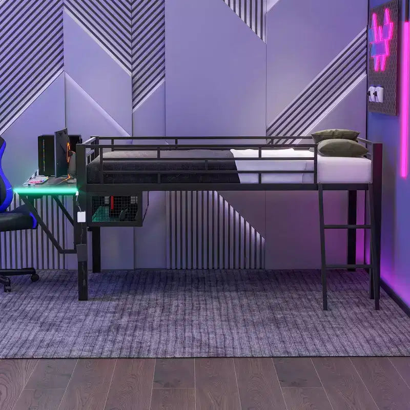 Letto a Soppalco Twin Gaming con Scrivania e Luci LED, Letto a Soppalco Centrale in Metallo Nero con Contenitore per Bambini e Ragazzi, Design Ispirato agli eSport