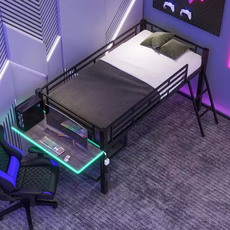 Letto a Soppalco Twin Gaming con Scrivania e Luci LED, Letto a Soppalco Centrale in Metallo Nero con Contenitore per Bambini e Ragazzi, Design Ispirato agli eSport