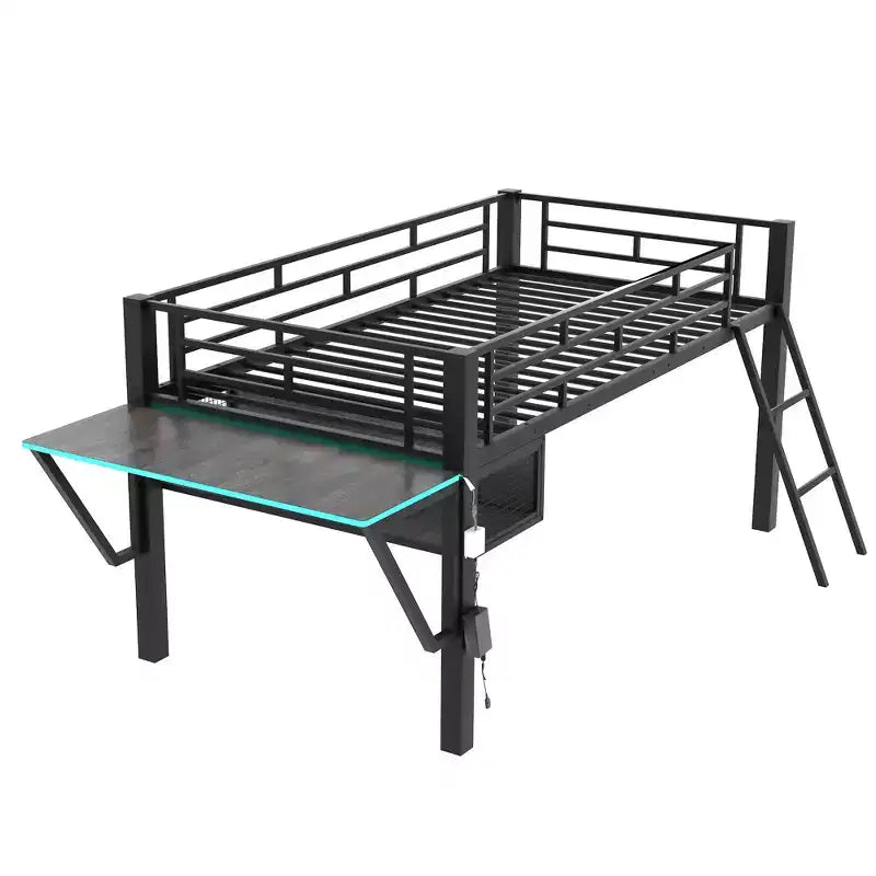 Letto a Soppalco Twin Gaming con Scrivania e Luci LED, Letto a Soppalco Centrale in Metallo Nero con Contenitore per Bambini e Ragazzi, Design Ispirato agli eSport