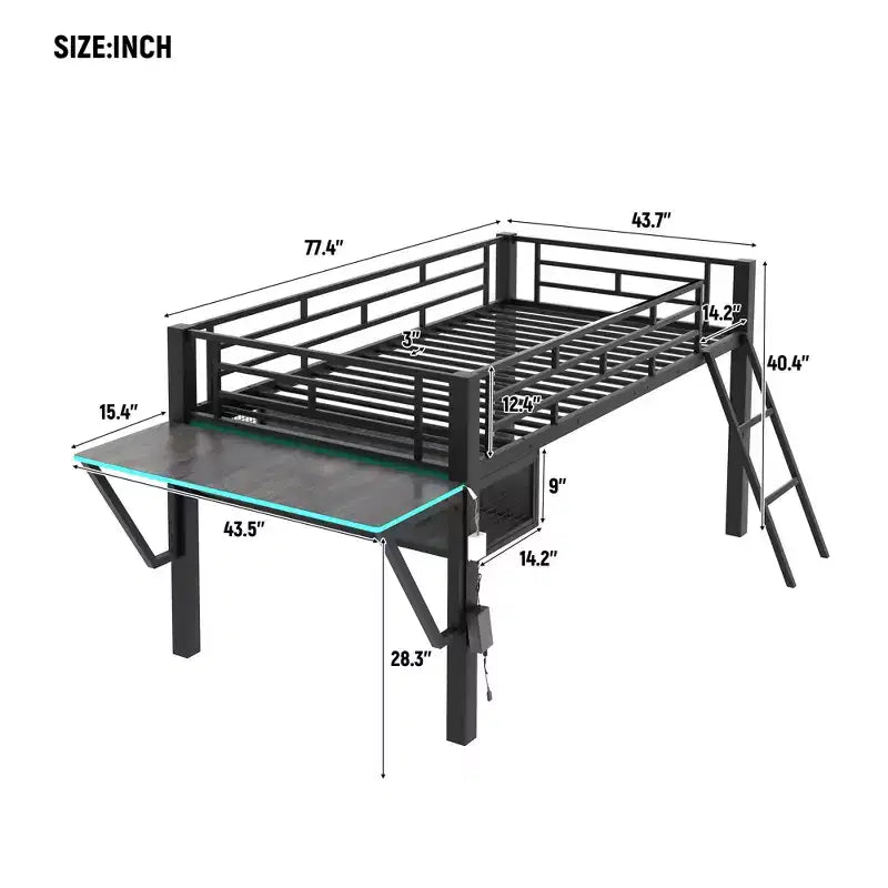 Letto a Soppalco Twin Gaming con Scrivania e Luci LED, Letto a Soppalco Centrale in Metallo Nero con Contenitore per Bambini e Ragazzi, Design Ispirato agli eSport