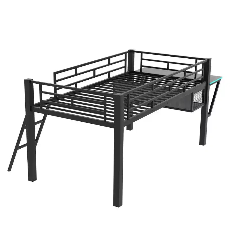 Letto a Soppalco Twin Gaming con Scrivania e Luci LED, Letto a Soppalco Centrale in Metallo Nero con Contenitore per Bambini e Ragazzi, Design Ispirato agli eSport
