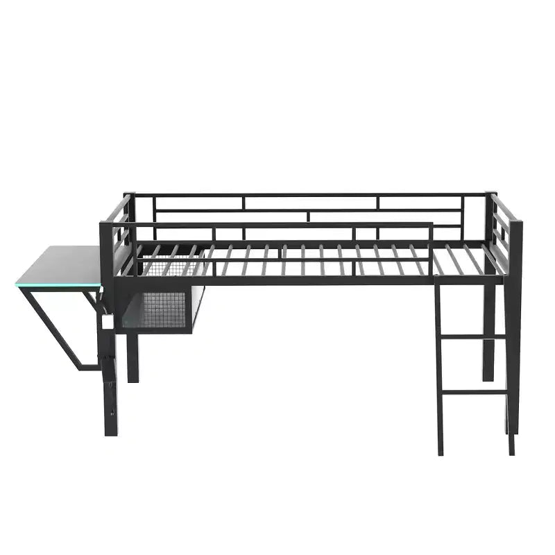 Letto a Soppalco Twin Gaming con Scrivania e Luci LED, Letto a Soppalco Centrale in Metallo Nero con Contenitore per Bambini e Ragazzi, Design Ispirato agli eSport