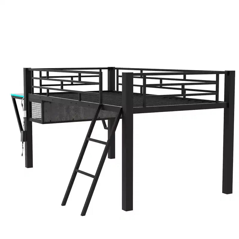 Letto a Soppalco Twin Gaming con Scrivania e Luci LED, Letto a Soppalco Centrale in Metallo Nero con Contenitore per Bambini e Ragazzi, Design Ispirato agli eSport