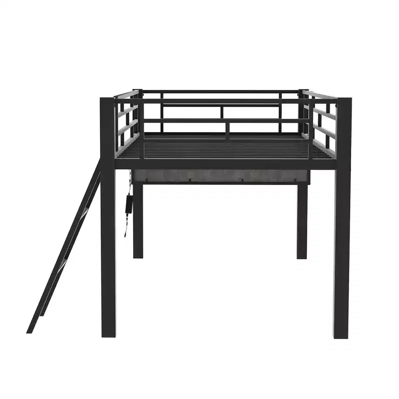 Letto a Soppalco Twin Gaming con Scrivania e Luci LED, Letto a Soppalco Centrale in Metallo Nero con Contenitore per Bambini e Ragazzi, Design Ispirato agli eSport