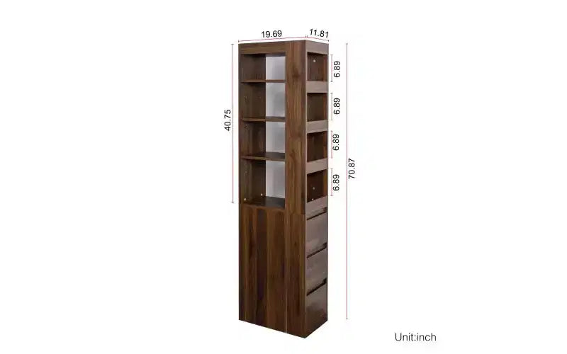 Libreria alta e stretta a 4 ripiani con 3 cassetti laterali, vetrina, librerie verticali per soggiorno, ufficio domestico
