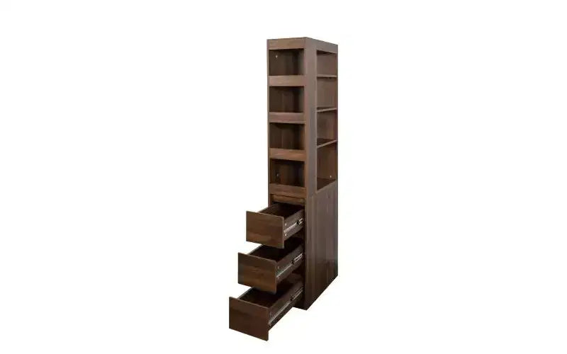 Libreria alta e stretta a 4 ripiani con 3 cassetti laterali, vetrina, librerie verticali per soggiorno, ufficio domestico