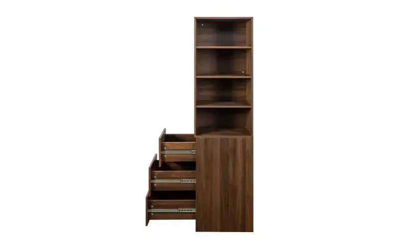 Libreria alta e stretta a 4 ripiani con 3 cassetti laterali, vetrina, librerie verticali per soggiorno, ufficio domestico