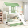 Luxystar Twin over Twin Size House Bunk Bed with Convertible Slide, Trundle and Guardrails for Kids Room, White+Green
