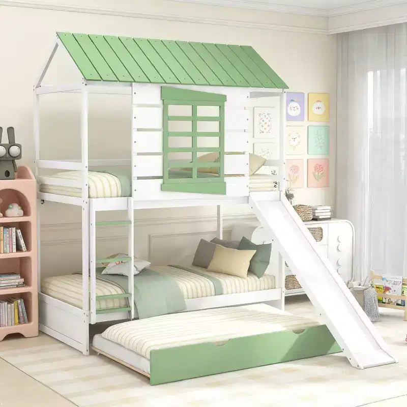 Luxystar Twin over Twin Size House Bunk Bed with Convertible Slide, Trundle and Guardrails for Kids Room, White+Green