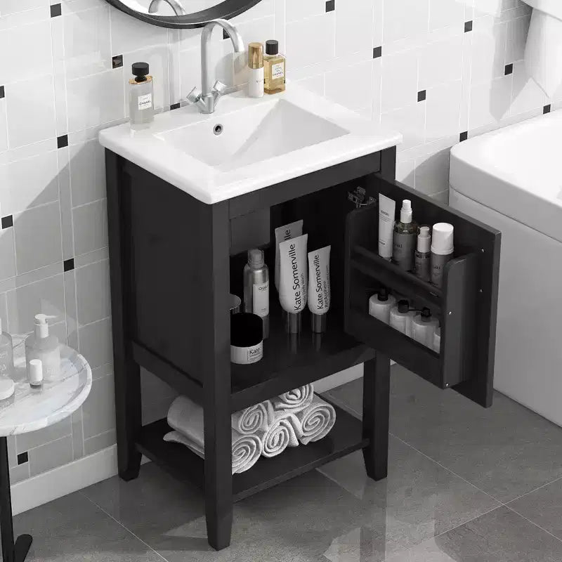 20 Small Bathroom Vanity Sink Combo with Storage , Bathroom Floor Cabinet with Open Shelf and Soft Close Door, Black