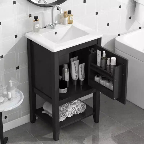 20 Small Bathroom Vanity Sink Combo with Storage , Bathroom Floor Cabinet with Open Shelf and Soft Close Door, Black