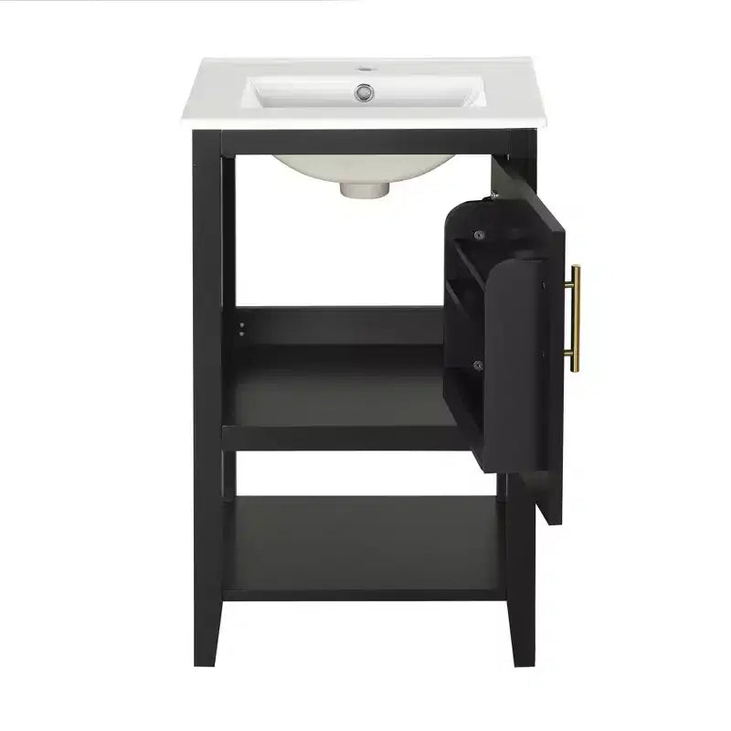 Mobiletto lavabo da bagno compatto da 20" con ripiano aperto e anta con chiusura ammortizzata, nero