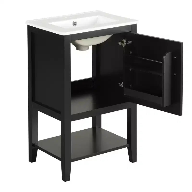 Mobiletto lavabo da bagno compatto da 20" con ripiano aperto e anta con chiusura ammortizzata, nero