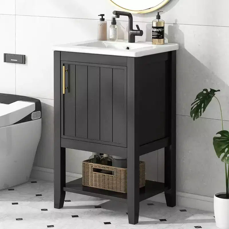 Mobiletto lavabo da bagno compatto da 20" con ripiano aperto e anta con chiusura ammortizzata, nero