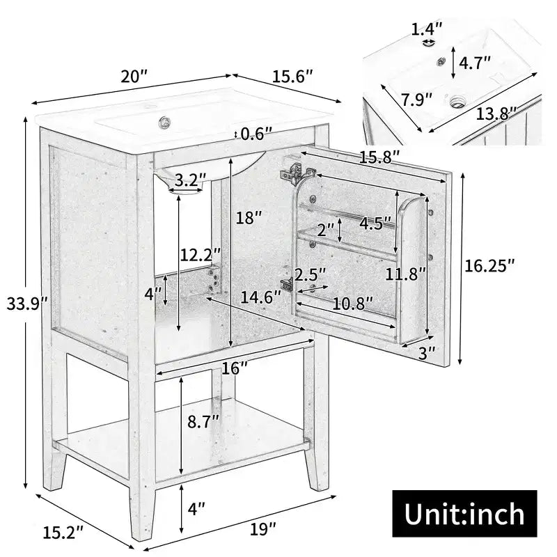 Mobiletto lavabo da bagno compatto da 20" con ripiano aperto e anta con chiusura ammortizzata, nero