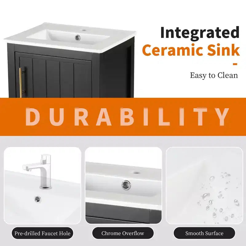 Mobiletto lavabo da bagno compatto da 20" con ripiano aperto e anta con chiusura ammortizzata, nero