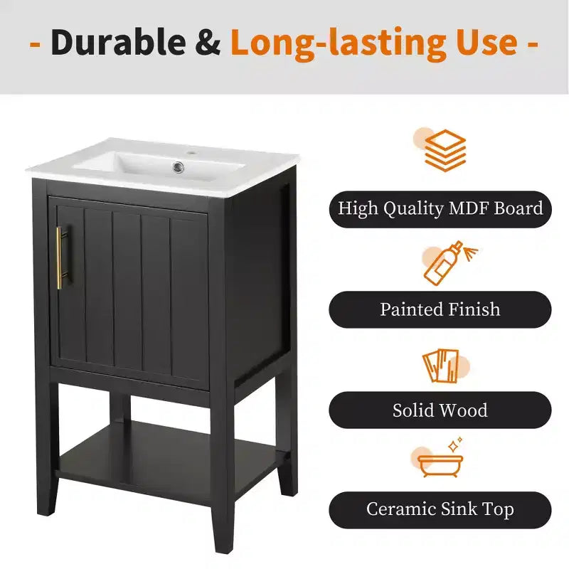 Mobiletto lavabo da bagno compatto da 20" con ripiano aperto e anta con chiusura ammortizzata, nero
