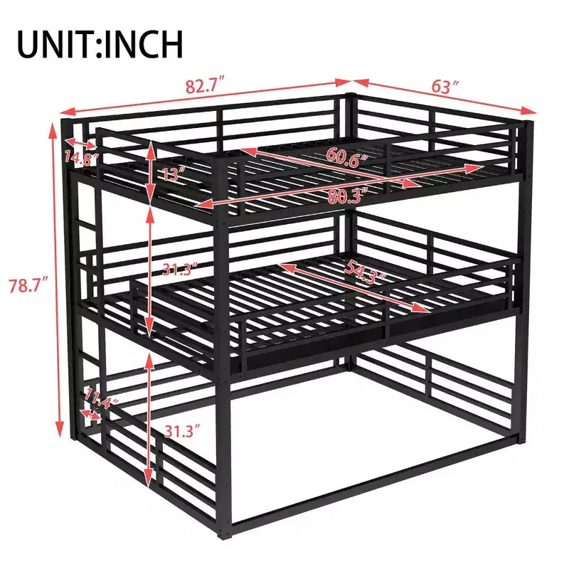 Letto a castello triplo in metallo Queen sopra Full XL sopra Queen con sponde di sicurezza, letto a castello resistente con design a bassa rumorosità, nero