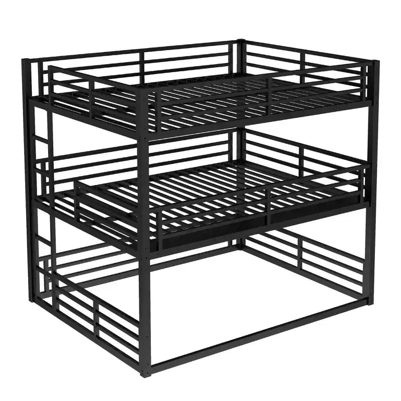 Letto a castello triplo in metallo Queen sopra Full XL sopra Queen con sponde di sicurezza, letto a castello resistente con design a bassa rumorosità, nero