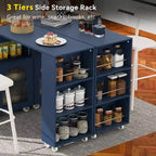 Carrello Cucina con Ruote e Tavolo Estensibile, Luci LED, Presa di Corrente, 2 Ante in Vetro Scanalato, Vano Contenitore, 3 Ripiani Laterali Aperti