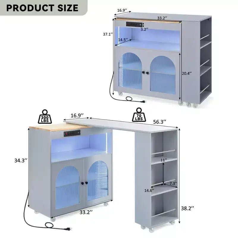 Carrello Cucina con Ruote e Tavolo Estensibile, Luci LED, Presa di Corrente, 2 Ante in Vetro Scanalato, Vano Contenitore, 3 Ripiani Laterali Aperti