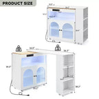 Carrello Cucina con Ruote e Tavolo Estensibile, Luci LED, Presa di Corrente, 2 Ante in Vetro Scanalato, Vano Contenitore, 3 Ripiani Laterali Aperti