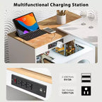 Carrello Cucina con Ruote e Tavolo Estensibile, Luci LED, Presa di Corrente, 2 Ante in Vetro Scanalato, Vano Contenitore, 3 Ripiani Laterali Aperti