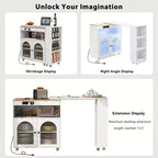 Carrello Cucina con Ruote e Tavolo Estensibile, Luci LED, Presa di Corrente, 2 Ante in Vetro Scanalato, Vano Contenitore, 3 Ripiani Laterali Aperti