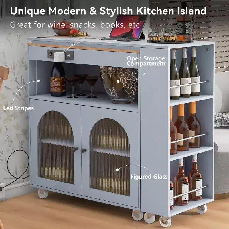 Carrello Cucina con Ruote e Tavolo Estensibile, Luci LED, Presa di Corrente, 2 Ante in Vetro Scanalato, Vano Contenitore, 3 Ripiani Laterali Aperti