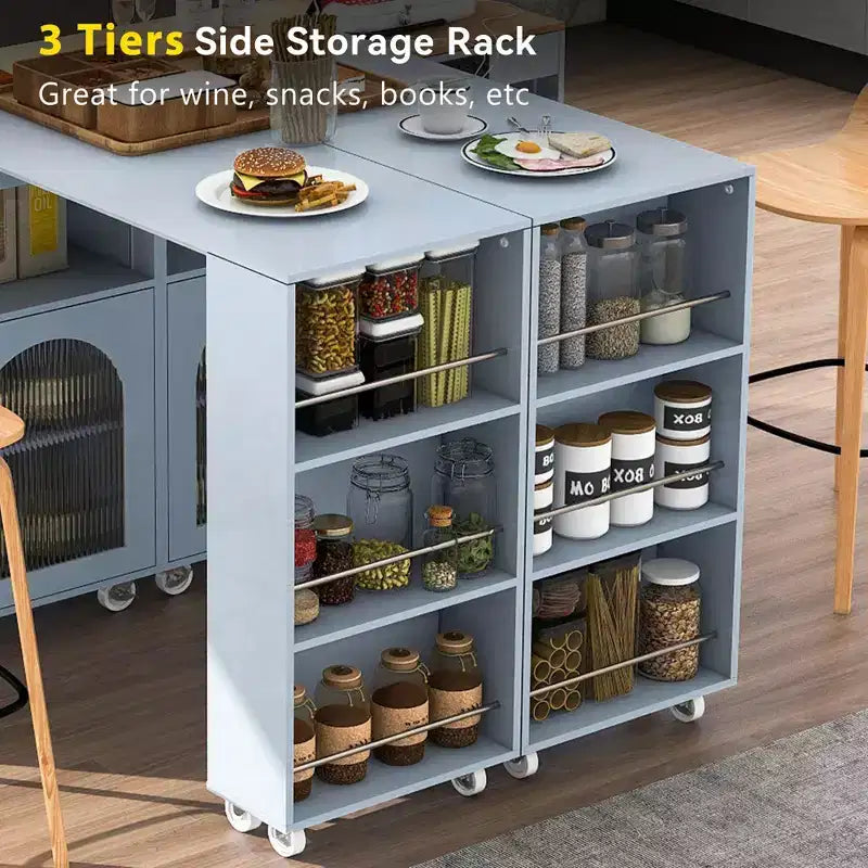Carrello Cucina con Ruote e Tavolo Estensibile, Luci LED, Presa di Corrente, 2 Ante in Vetro Scanalato, Vano Contenitore, 3 Ripiani Laterali Aperti