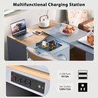 Carrello Cucina con Ruote e Tavolo Estensibile, Luci LED, Presa di Corrente, 2 Ante in Vetro Scanalato, Vano Contenitore, 3 Ripiani Laterali Aperti